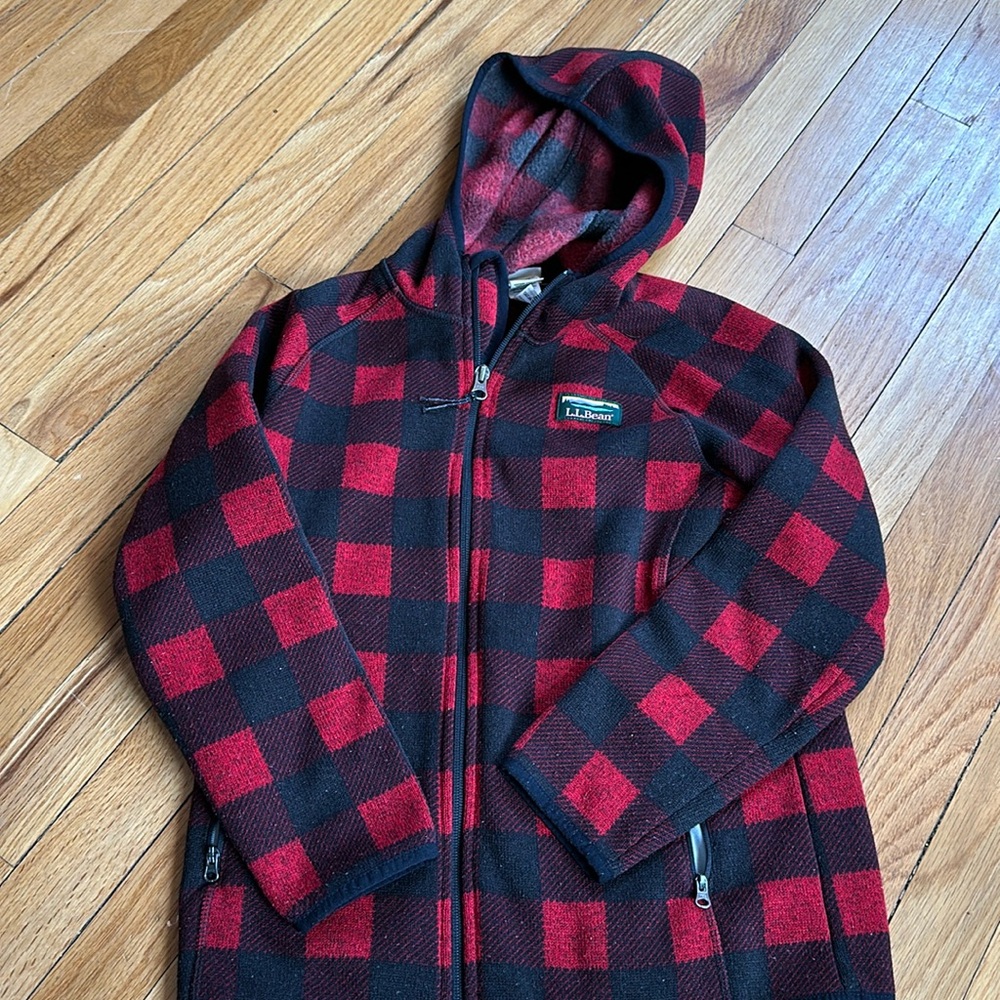 LL Bean black and red checkered zip up hoodies size 10-12